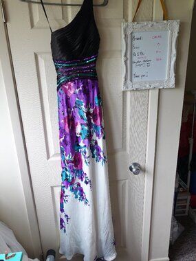 Cache Black Ruched Bodice with Purple Floral Maxi Prom Dress